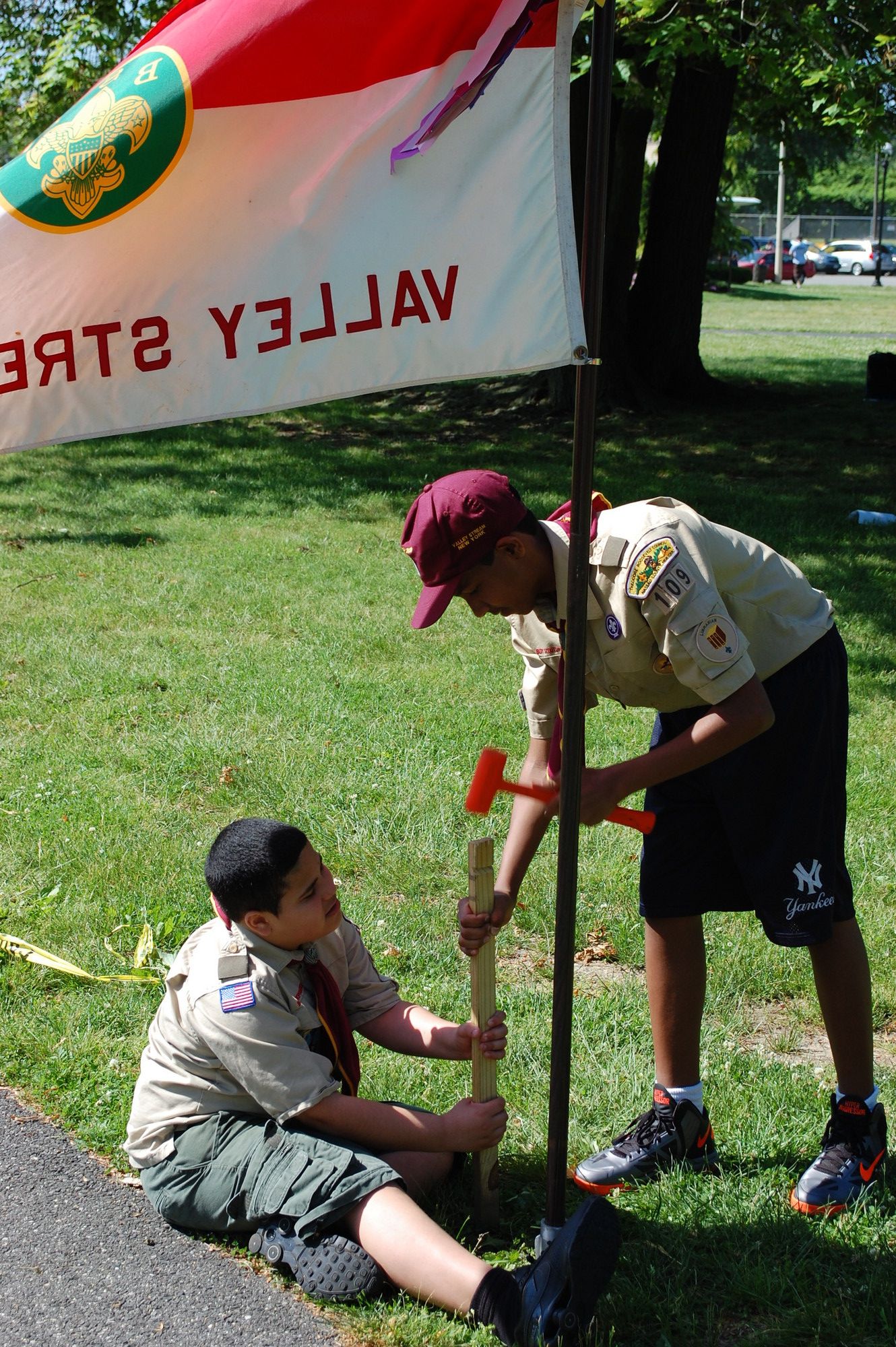 Justin Berrios and Julian Tineo helped set up the entrance to Boy Scout Troop 109's campsite.