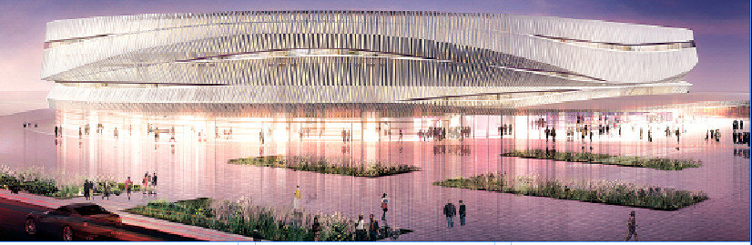A photographic rendering of a reimagined Nassau Coliseum, featuring a beach-themed architectural design.