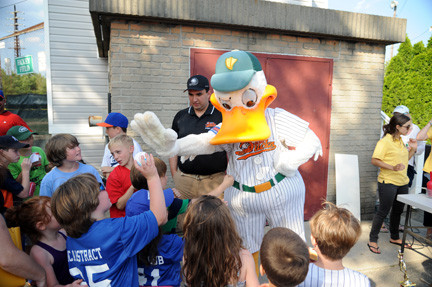 Ducks mascot Quacker Jack visited the kids after the game.