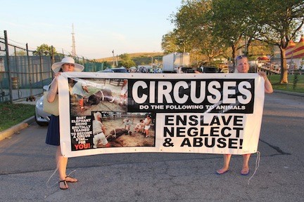 Joy Fieldstadt and Liz Downey walked up and down the street showing circus goers how the animals are treated.