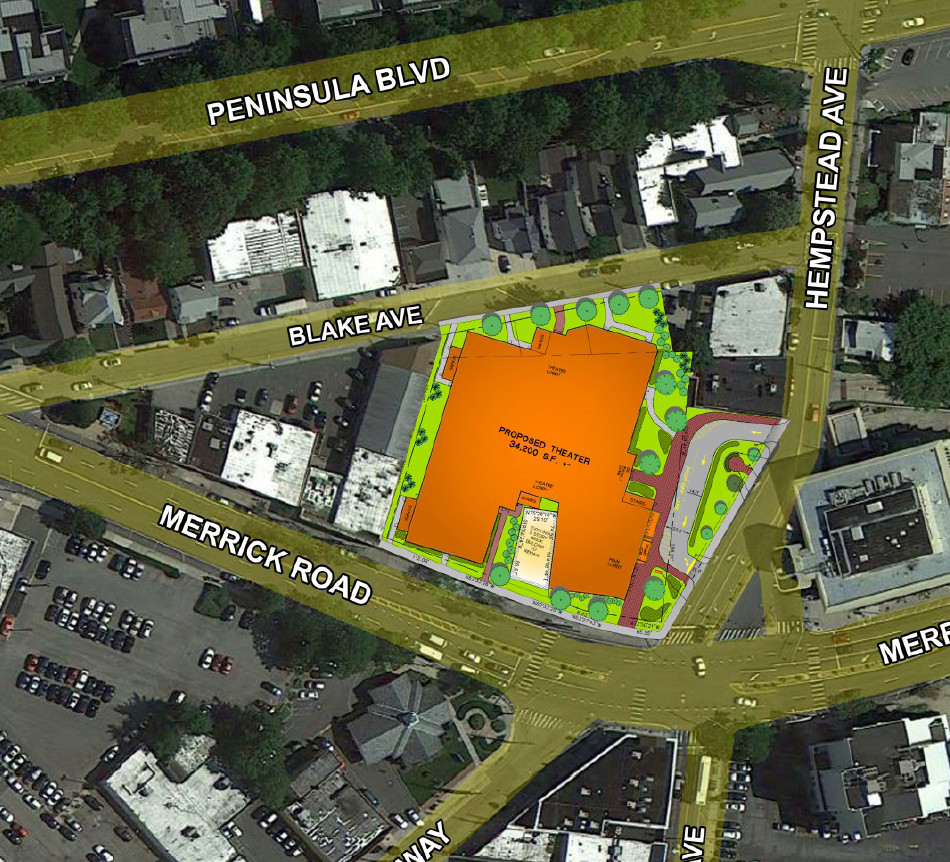 The site plan for a newly designed theater includes a drop-off point (outlined in red) on Hempstead Avenue near the pocket park adjacent to the building.