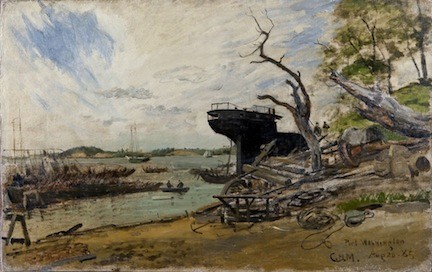 Port Washington, L.I., by Charles Henry Miller. 1885, oil on canvas mounted to a board, measures 15 1/2 x 24 1/2 inches. From Charles Henry Miller, N.A. Painter of Long Island by Geoffrey K. Flemming and Ruth Ann Bramson.