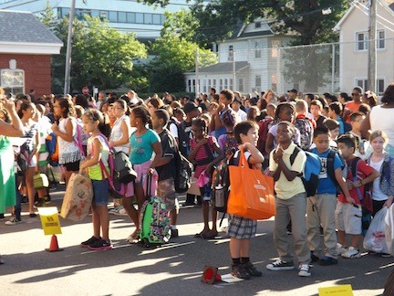 Students at Brooklyn Avenue School lined up outside before classes began.
