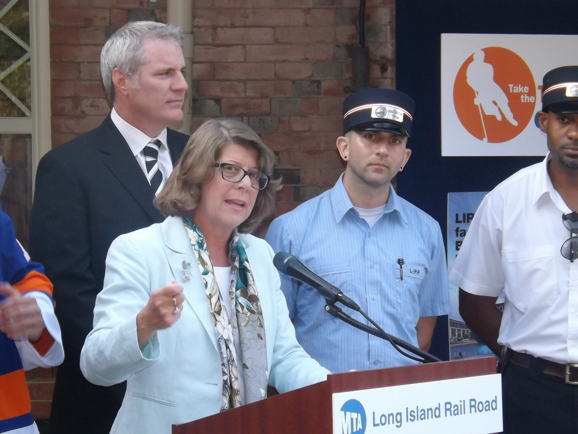 Helena Williams, president of the Long Island Rail Road, welcomed the Islanders to the LIRR station in Garden City before the team took the train into Brooklyn.