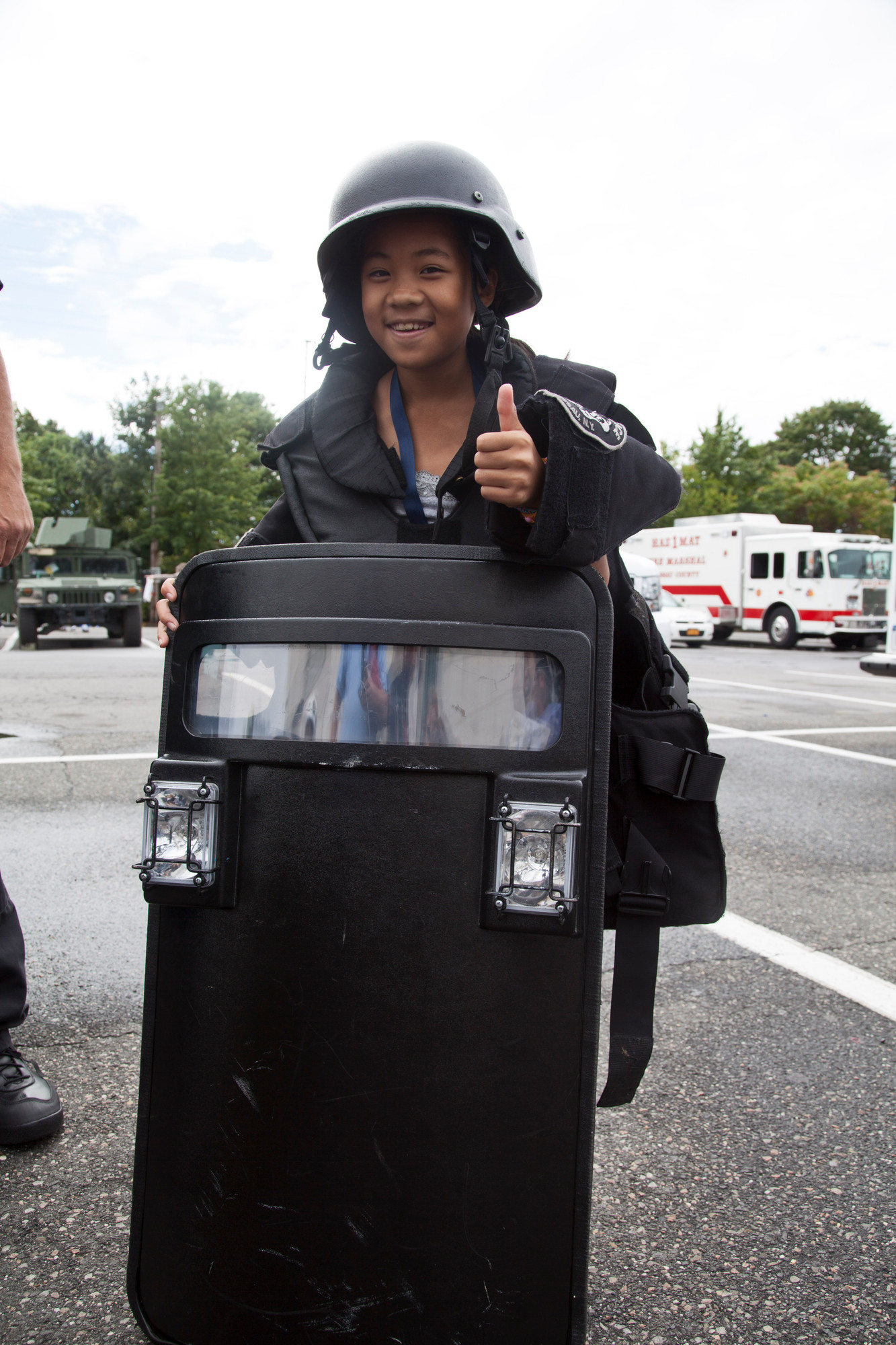 Valerie Hoffer, 10, donned some police riot gear.