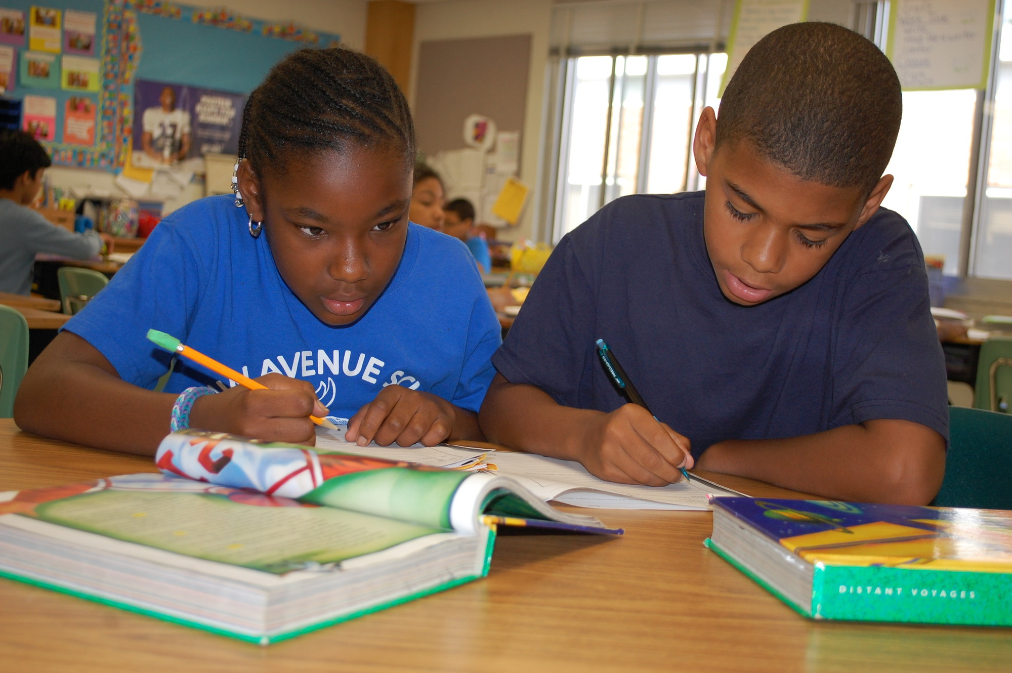 Fifth-graders Jade Jacques, left, and Justice Byrd were hard at work on Sept. 25, ensuring that the school keeps up its tradition of academic excellence.