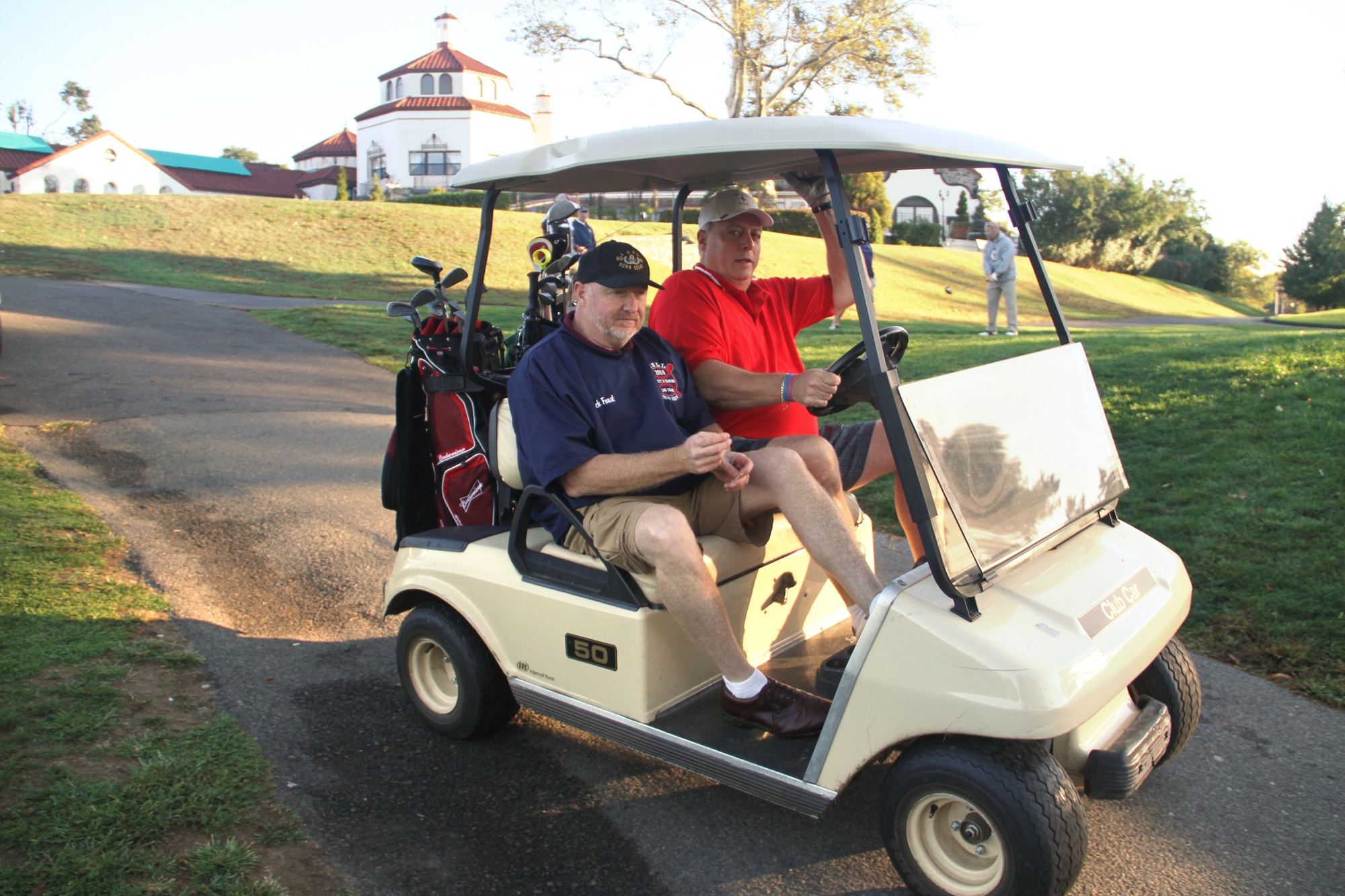 John Faust and Bill Butler headed out for a morning of golf in Douglaston on Monday for the annual Johnny LaBarbera Golf Outing.