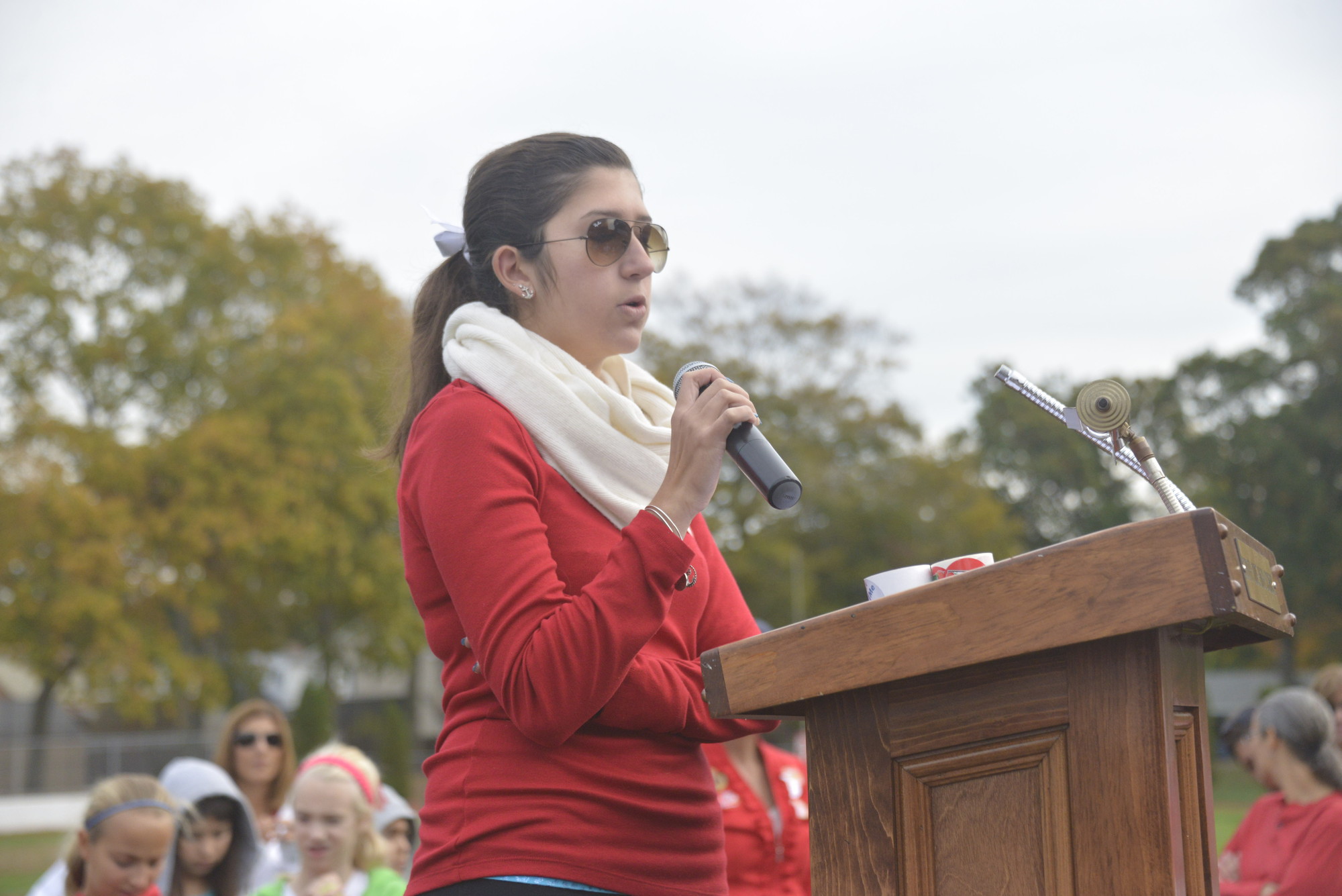 Jennifer Gentile, the president of the high school SADD chapter, spoke to those gathered before the walkathon began.