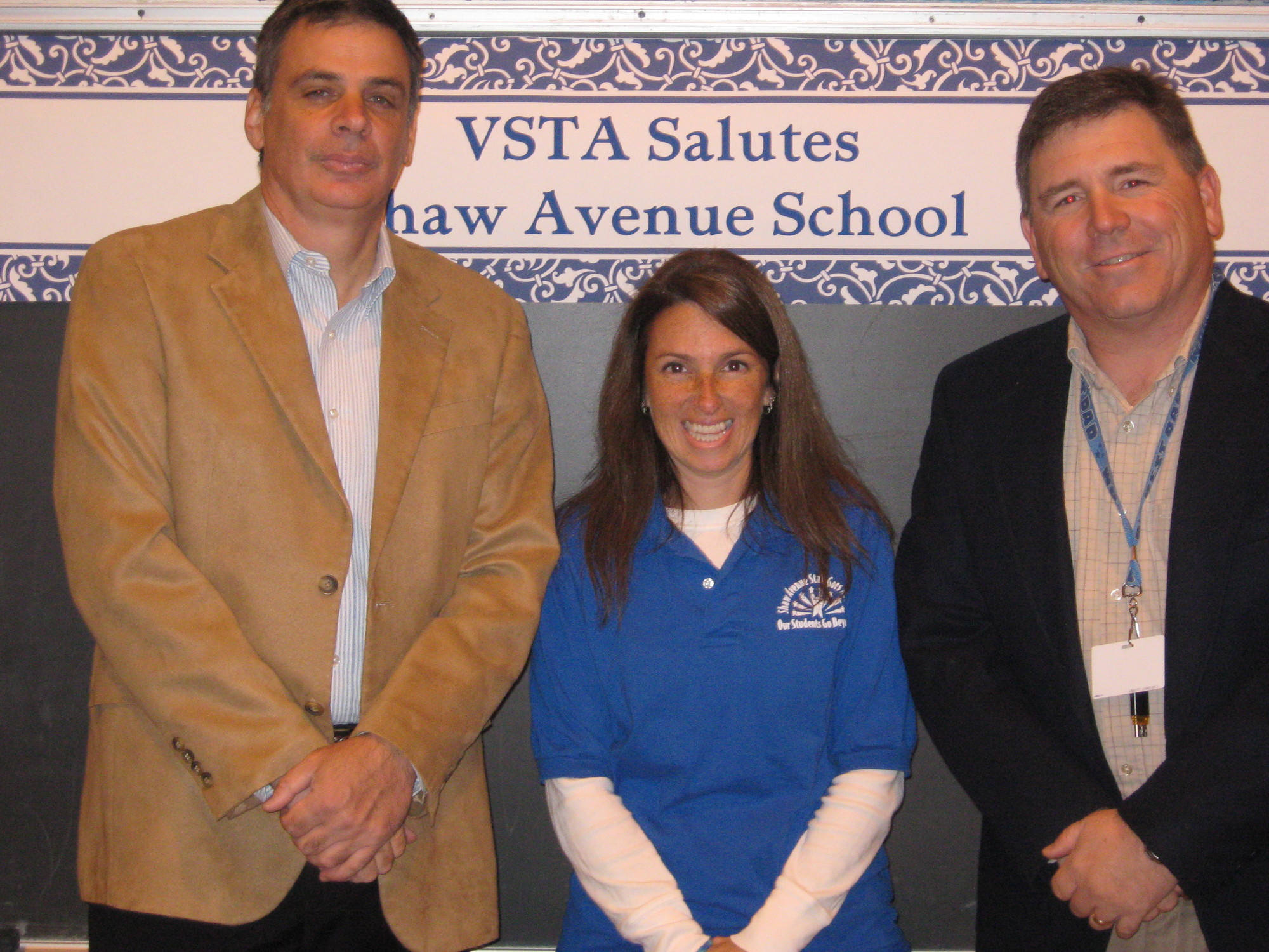 Shaw Avenue School Principal Amy Pernick was joined by VSTA leaders Patrick Naglieri, left, and Richie Adams.