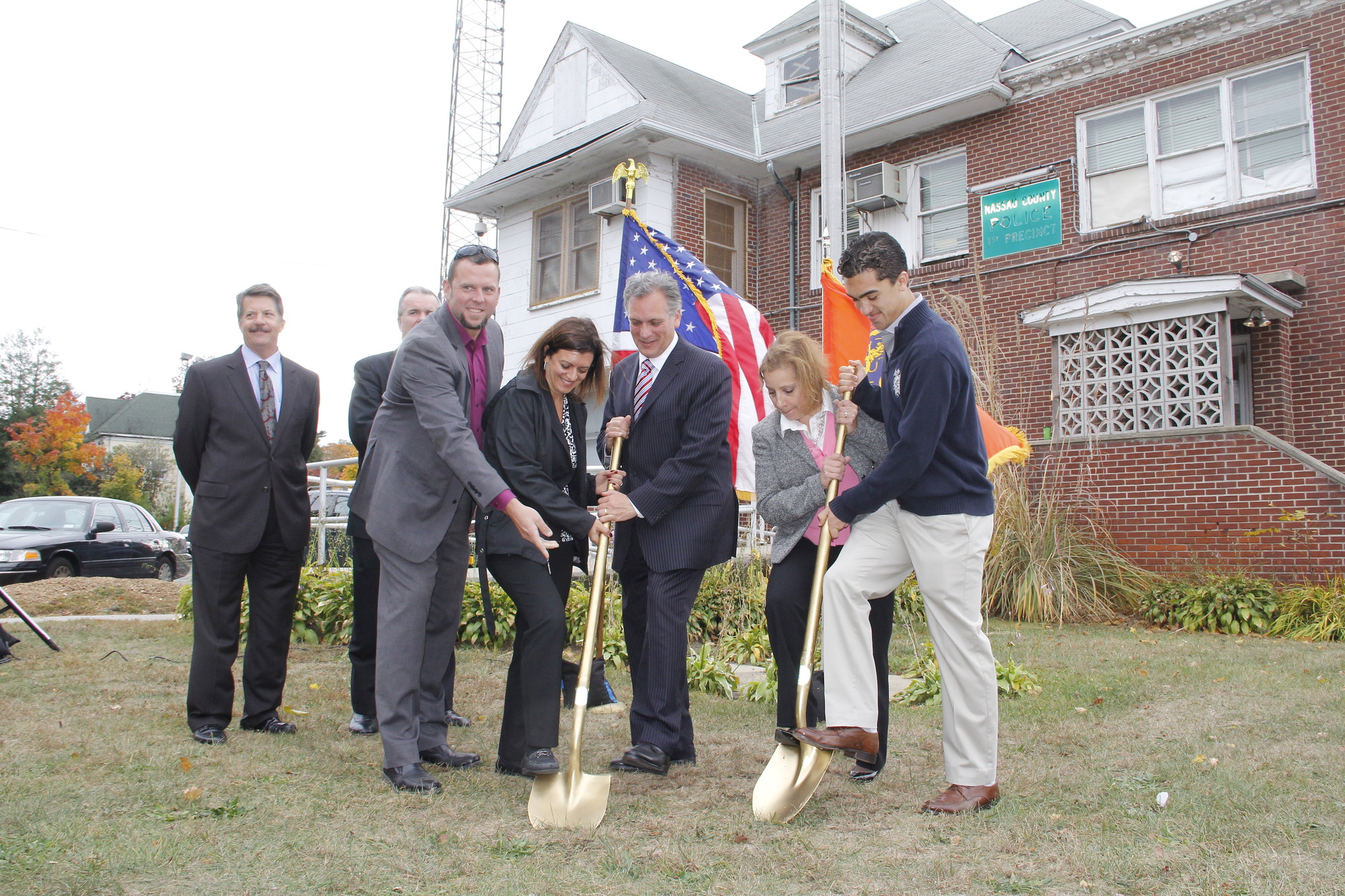 Ground was broken last week at the future site of the 1st Police Precinct in Baldwin. Eric Mahler, left, and Debbie Pugliese of the Chamber of Commerce helped Nassau County Executive Ed Mangano and Baldwin Civic Association members Karen Montalbano and David Viana at the ceremonial start of construction. The $10 million project is expected to take about 18 months.