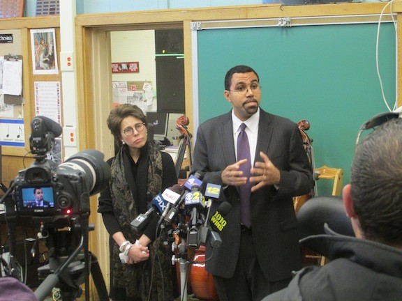 State Education Commissioner Dr. John King and Chancellor Meryl Tisch at a press conference prior to the public forum.