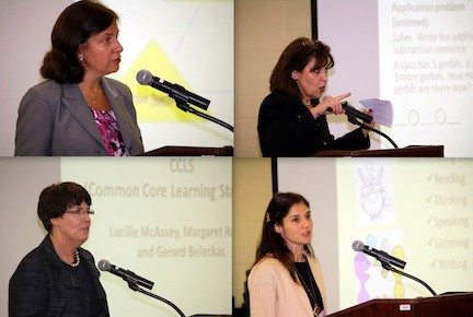 Superintendent of schools Dr. Melissa Burak, top left, welcomed guests at the Lynbrook PTA Joint Council presentation. Waverly Park Principal Lucille McAssey, top right, gave examples of Common Core in the elementary math classroom. Lynbrook South Middle School Principal Margaret Ronai, bottom left, explained the Common Core Learning Standards, and middle school English Department Chairperson Roxanne Migliacci, bottom right, outlined how literacy is helping students make meaning of the world. Assistant Superintendent for Curriculum and Instruction Gerard Beleckas, not pictured, explained the components of the district’s teacher evaluation system.