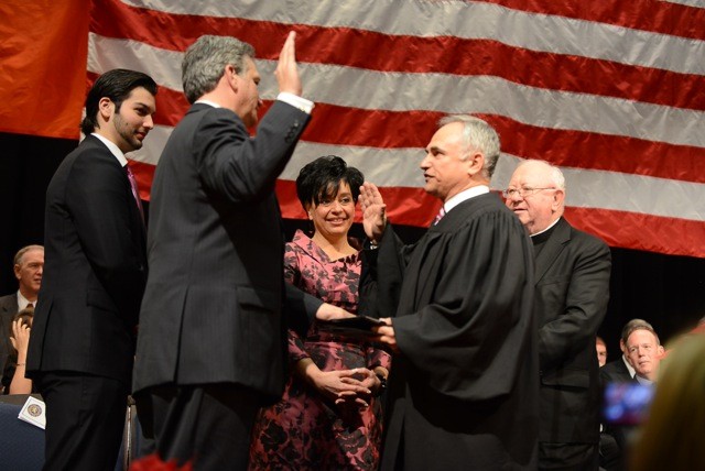 Ed Mangano, joined by his wife, Linda, and sons, Alex and Salvatore, was sworn in by Judge Thomas Feinman.
