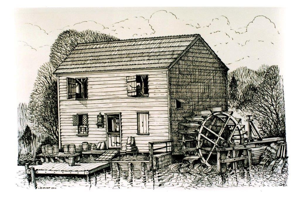 The historical society of East Rockaway and Lynbrook were fortunate enough, and very grateful, to be able to share a drawing by John Bishop, depicting the Grist Mill as it once stood.