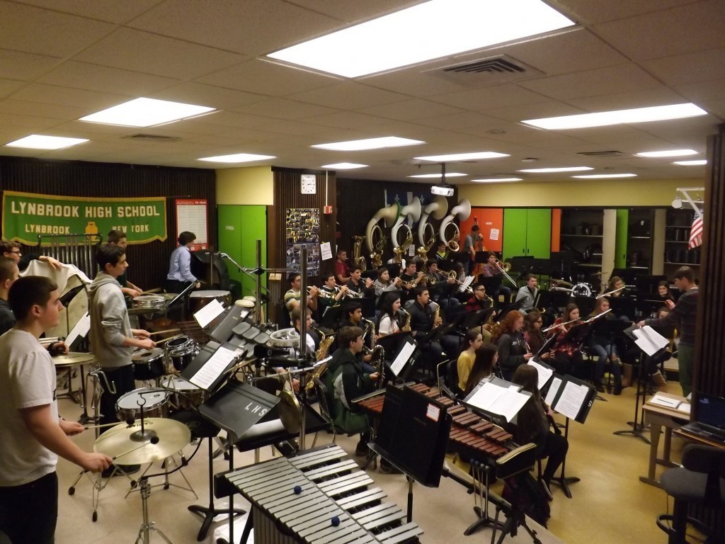 Lynbrook High School’s music program has grown in recent years, administrators said, and more room is needed for students to practice and perform. Band students rehearsed during 10th period last week in the current music room while orchestra students played in the auditorium.