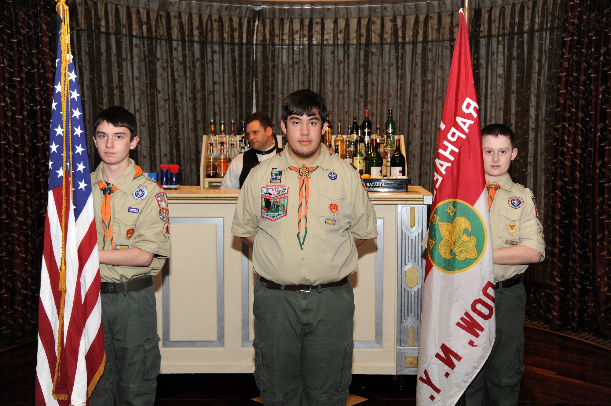 Thomas Ferrone, left, Patrick Hart, Jack Doughty of East Meadow Boy Scout Troop 362 led the Color Guard at the beginning of the East Meadow Chamber of Commerce's 59th Annual Installation of Officers and Board of Directors on Jan. 24 at the Chateau Briand in Carle Place.