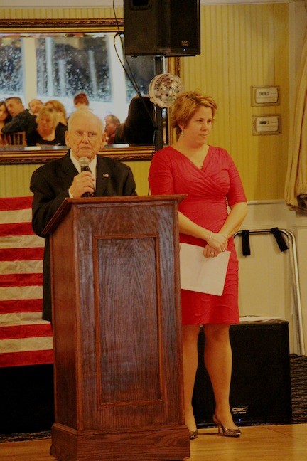 Jere Hassett delivered a speech about his life in the Army, and also spoke of the many community activities in which he is involved. His daughter-in-law, Laura Hassett, is at right.