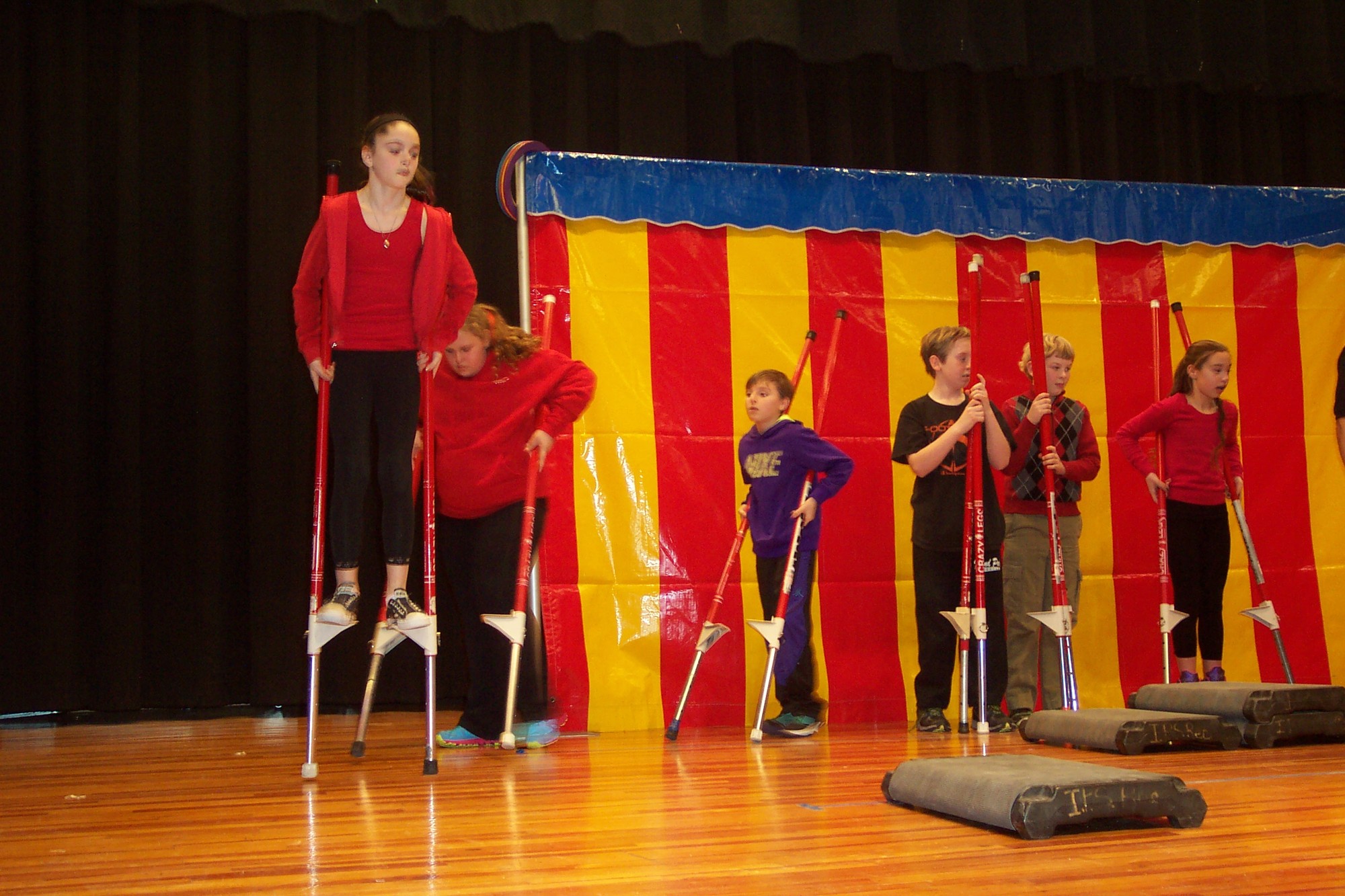 From left, Sydney Faivre showed off her stilt styles with Morgan Shapiro, Dylan Bacigalupo, Justus Matthaei, Timothy Hyland and Emily Aitchison.