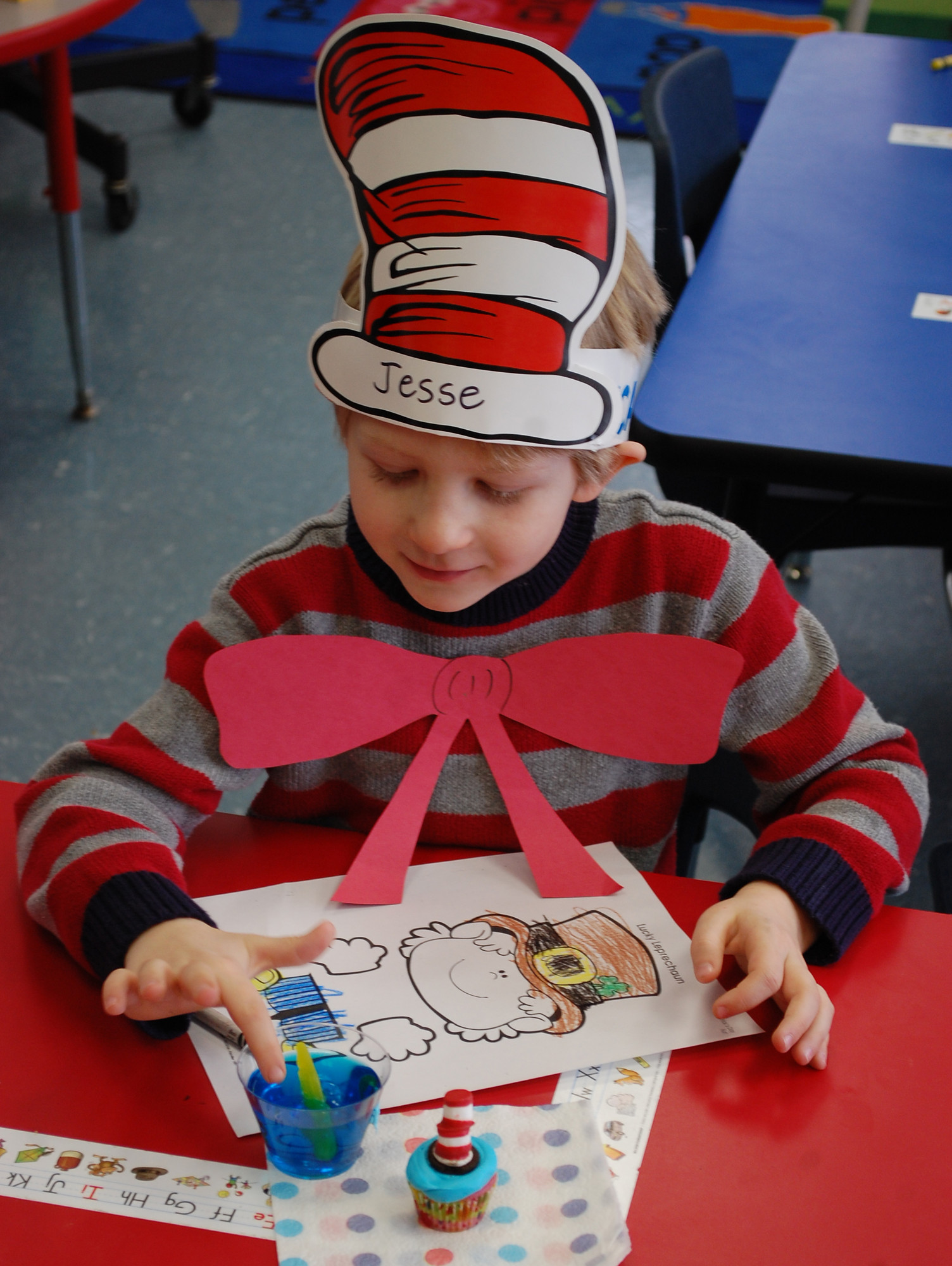 Kindergartner Jesse Sherack decided which Dr. Seuss snack he wants to eat first.