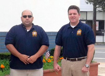 Kevin Canty, right, commander of the VFW post in Lynbrook, told the school board that its “no” vote tarnished the image of the village’s motto: “Lynbrook USA.” Ex-commander Pat Cardone, left, wanted more involvement in the process.