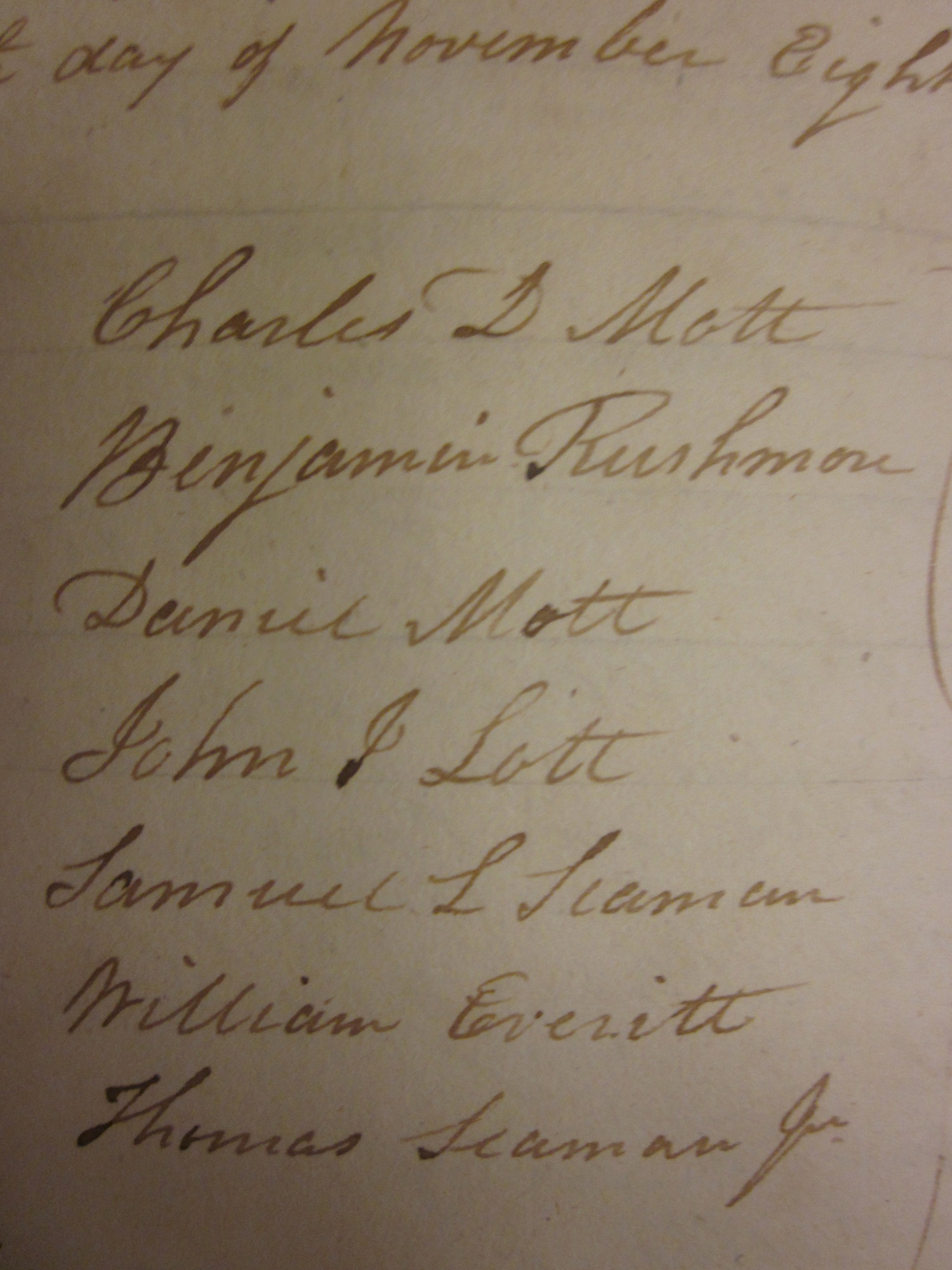 Signatures from some of the founding fathers of Hempstead, including Charles DeMott and Samuel Seaman.