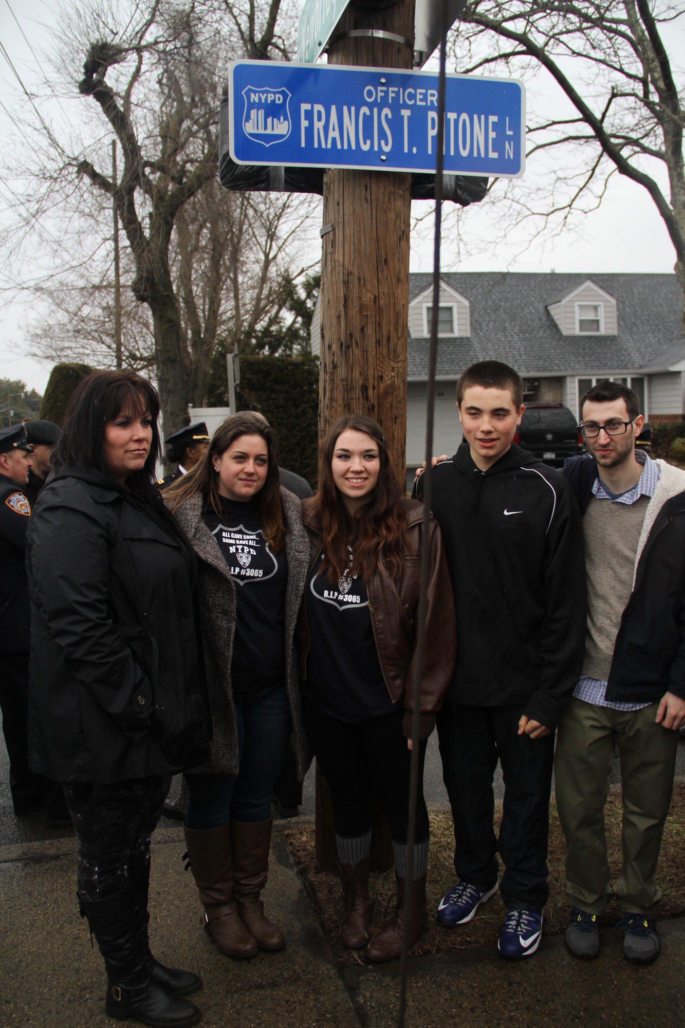 The Pitone family, from left, Linda, Nicole, Shannon, Kyle and Erik, during last Saturday’s street dedication ceremony.