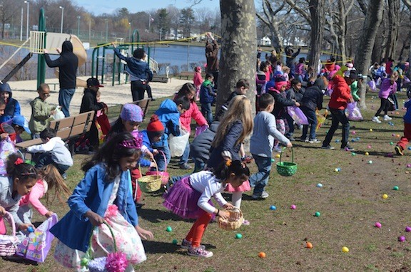 About 250 children participated in Valley Stream’s annual Easter egg hunt last Saturday morning at Hendrickson Park, collecting all they could in their baskets and hoping for prize-yielding gold and silver eggs.
