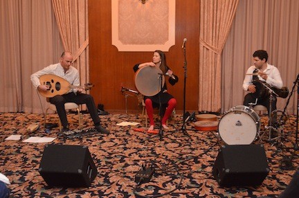 Brandon Tadiz, left (playing the oud), Marla Leigh Goldstein, and Liron Peled played at Central Synagogue on Saturday.