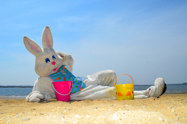 The Easter Bunny hanging out  at the beach.