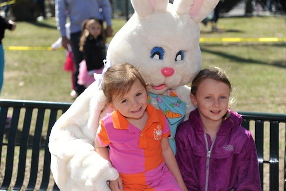 Tiffany Slater, 3, Avery, 9,  enjoyed some time with the Easter Bunny when he 
visited East Rockaway.