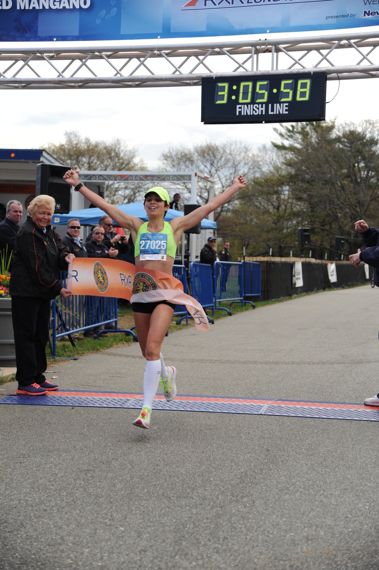 Tara Farrell, 35, of East Quoque, was the first female finisher of the 26.2-mile race.