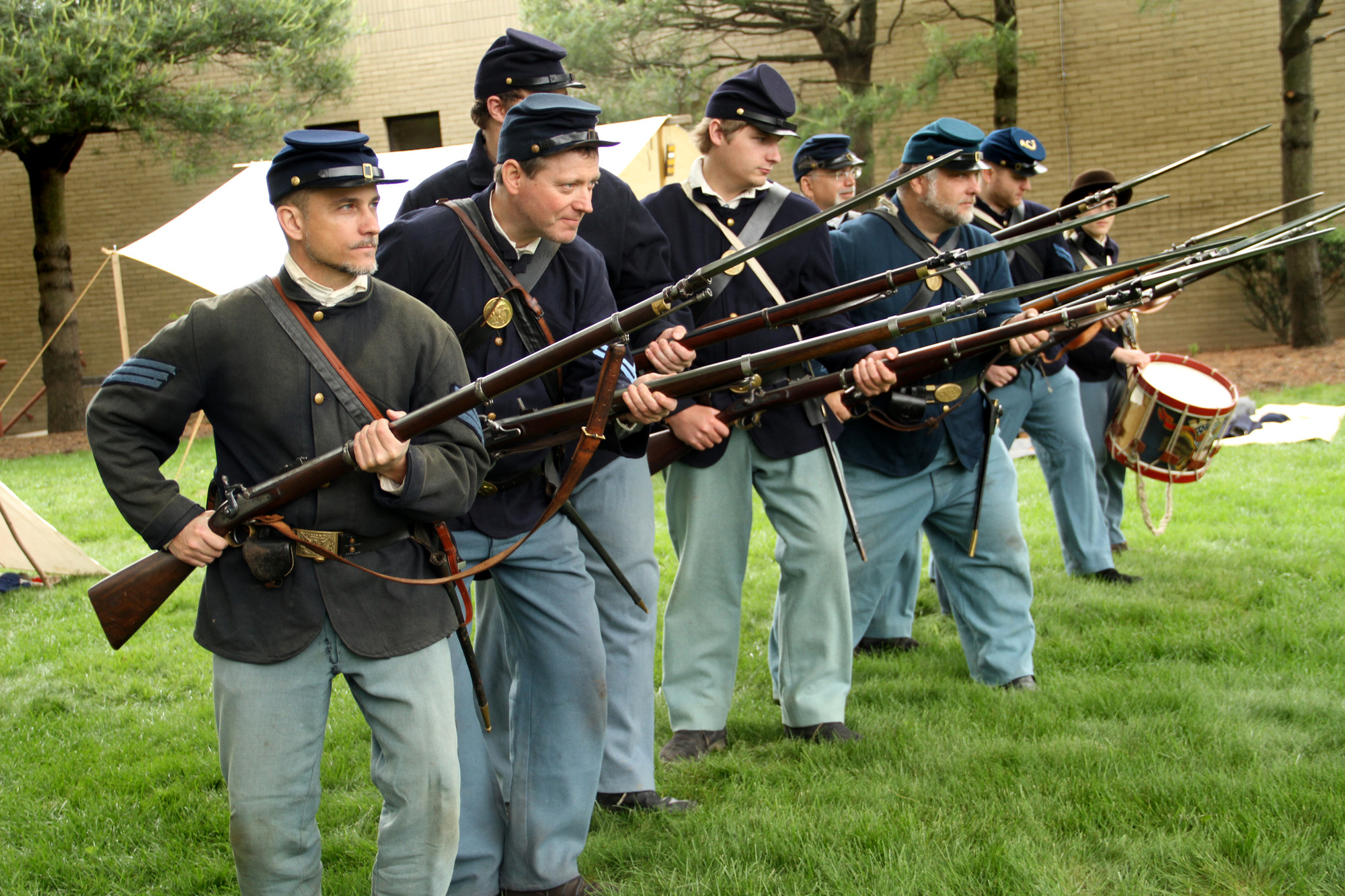 Sgt. Matthew Kenney, far left, led his Union soldiers in a bayonet charge drill at the East Meadow Public Library on May 31.