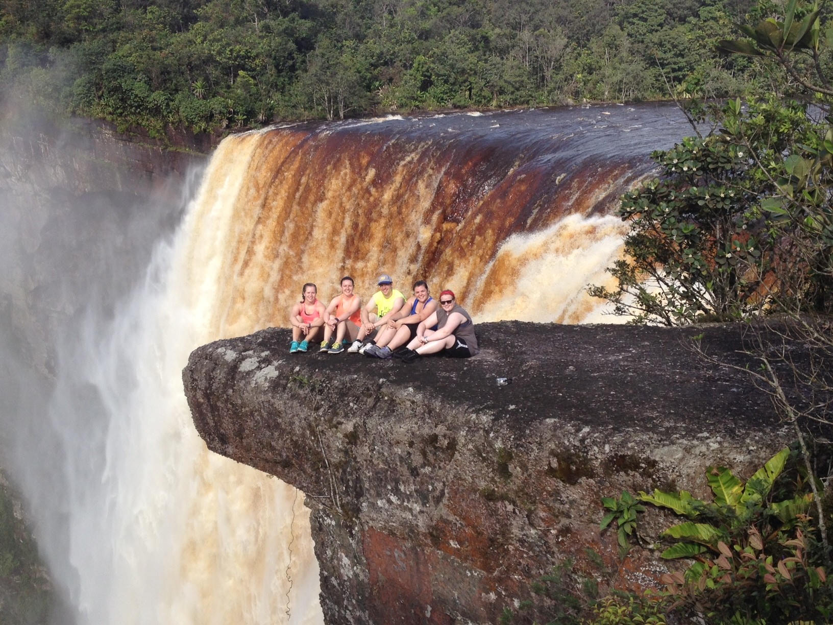 Kayleigh Morein, second from left, with her travel partners from Misericordia University at Kaieteur Falls in Guyana, a waterfall four times higher than Niagara Falls.
