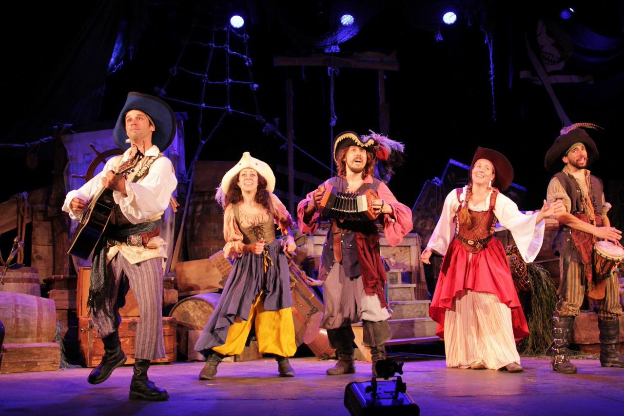 “The Greatest Pirate Story Never Told!,” a musical about pirates with a heavy dose of improvisation, was written by Chris Leidenfrost, of Baldwin, center. The show, which recently ran for eight months off-Broadway, also features, from left, David Anthony, Baldwin resident Asia Lupo, Emily Rouch and Kevin Maphis.