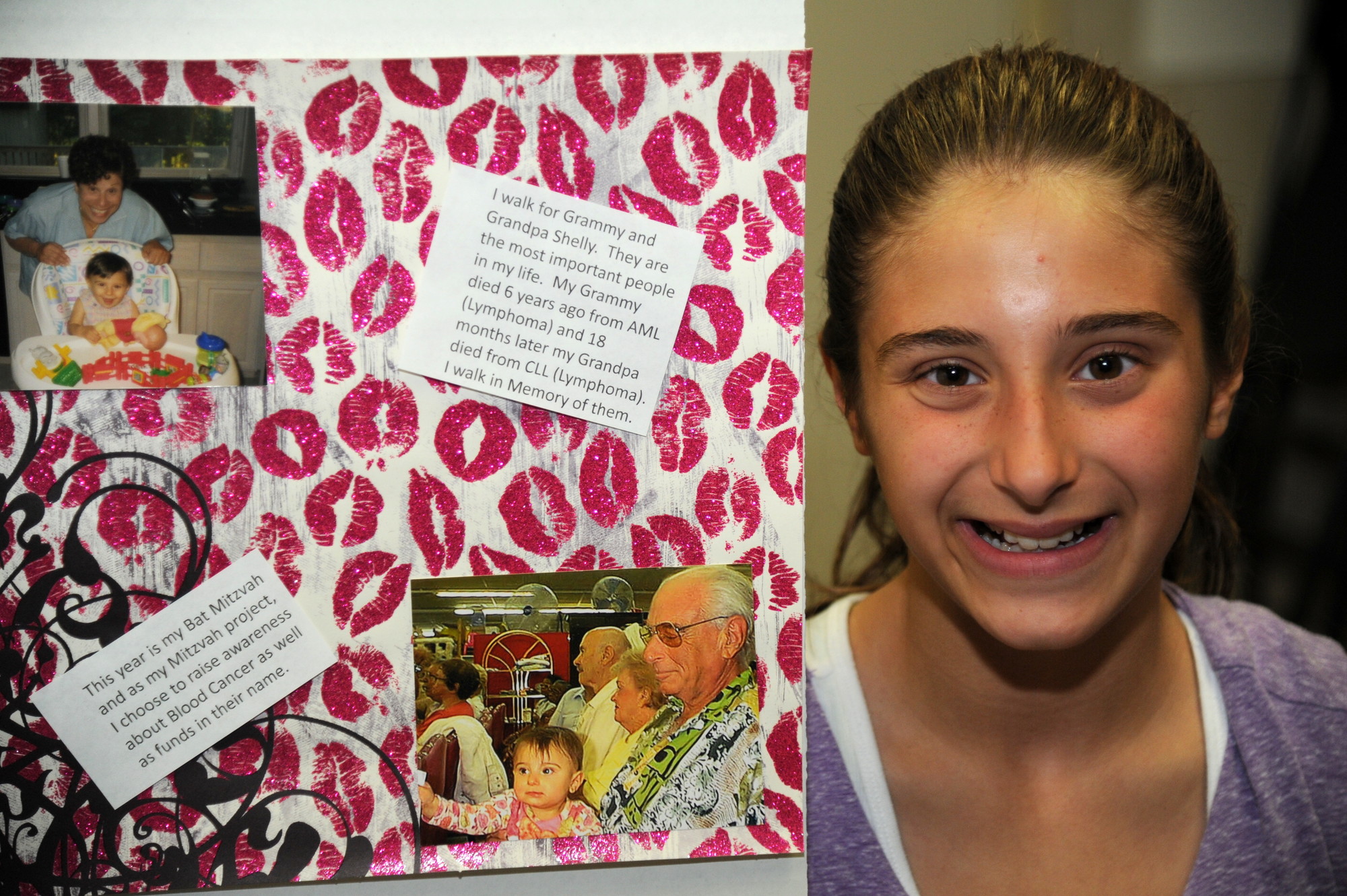 Kayla Nietsch designed a poster to educate others about her mitzvah project. Included are photos of her with her late grandparents, Barbara and Sheldon.