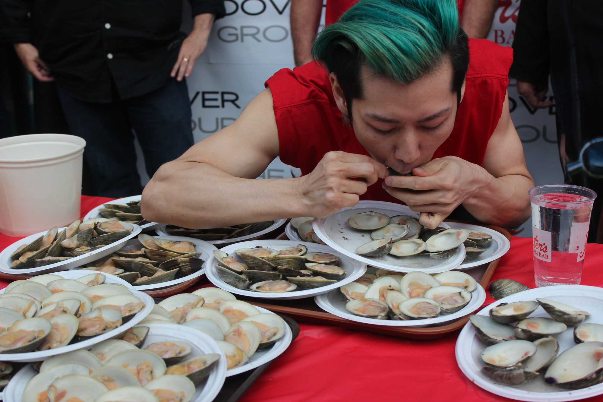 World Champion competitive eater Takeru Kobayashi ate 96 clams in two minutes to kick off Peter’s Clam Bar first Clam Eating Contest. Local fire departments participated to raise funds for Superstorm Sandy relief.
