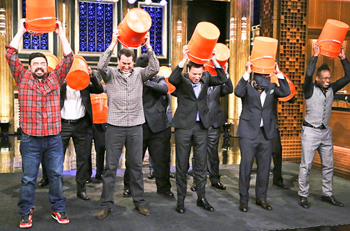 Jimmy Fallon, actors Rob Riggle, Horatio Sanz, The Roots and Tonight Show announcer Steve Higgins took the ALS challenge last week. The challenge has swept through celebrities, professional athletes, politicians and others throughout the country since late July.
