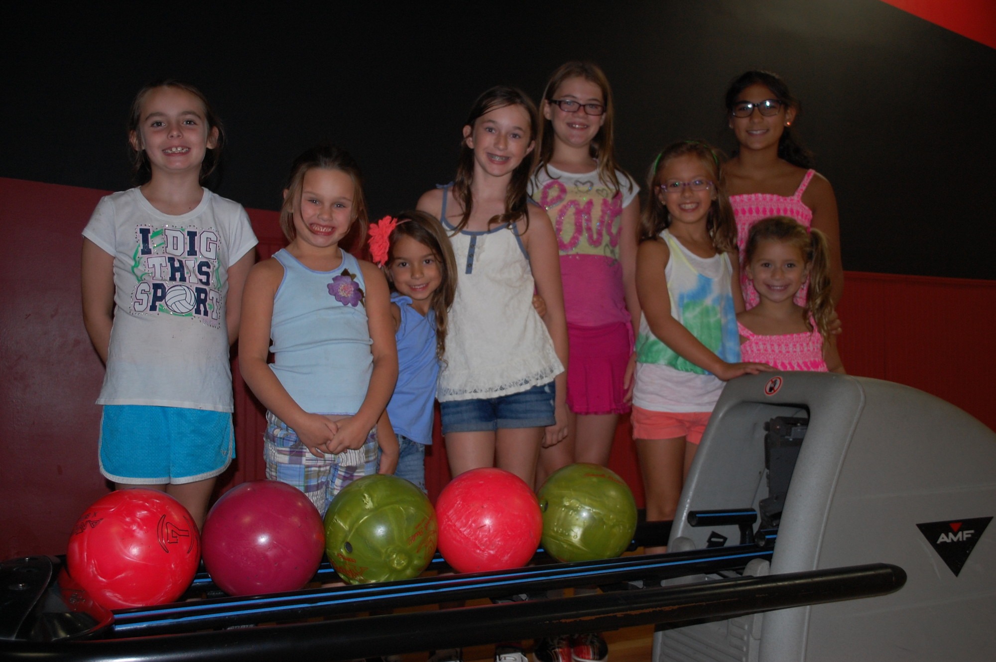 Children who participated in the Wantagh Public Library’s summer reading program were invited to a bowling party last Friday evening. From left are Kaitlin Dillon, Madison Allan, Sophia Cornella, Samantha Allan, Lily Bennett, Alexandra Corrella, Alexa Gottlieb and Addison Gottlieb.