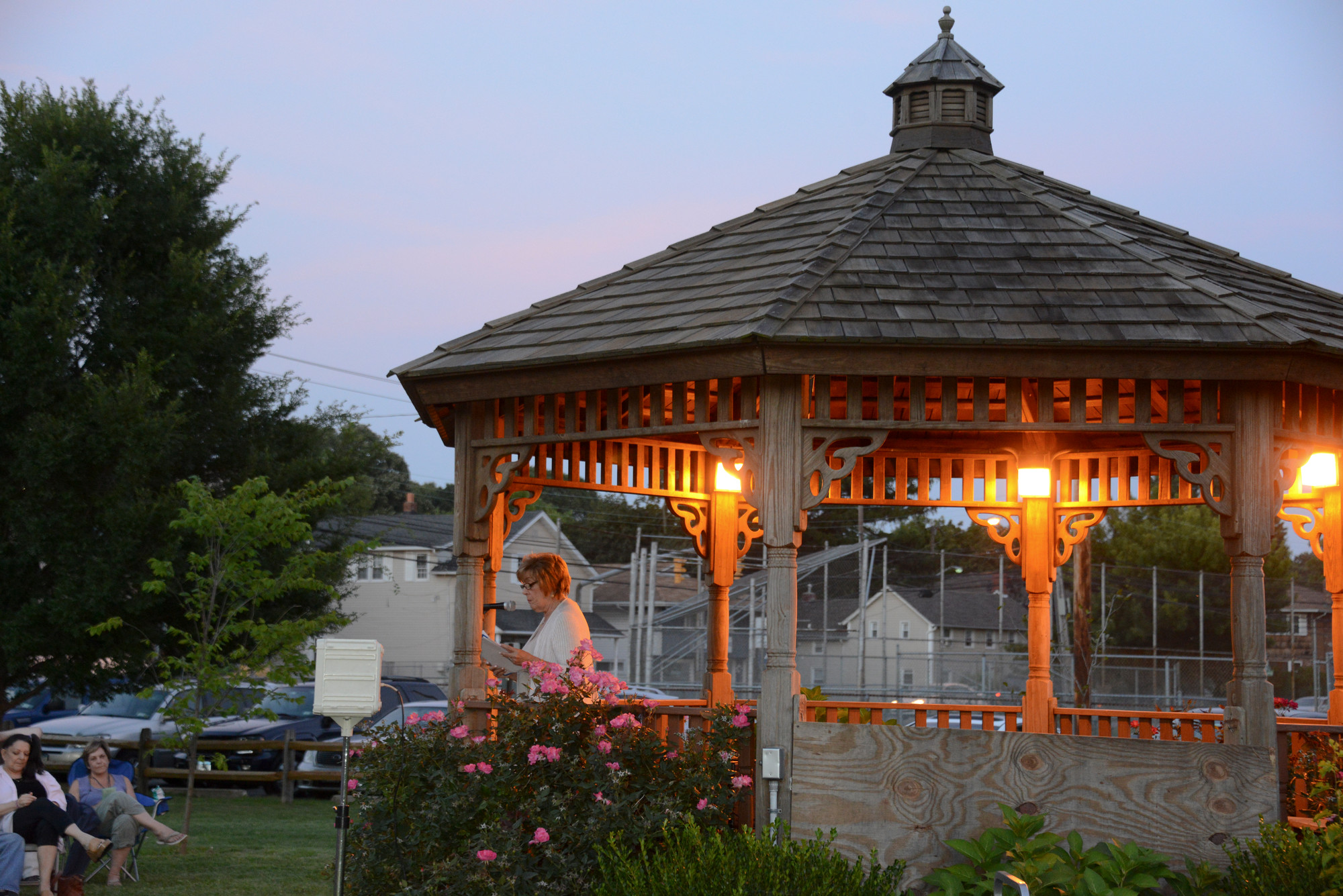 Dusk illuminated Florence Gatto and the famous gazebo at the Schoolhouse Green in Oceanside.