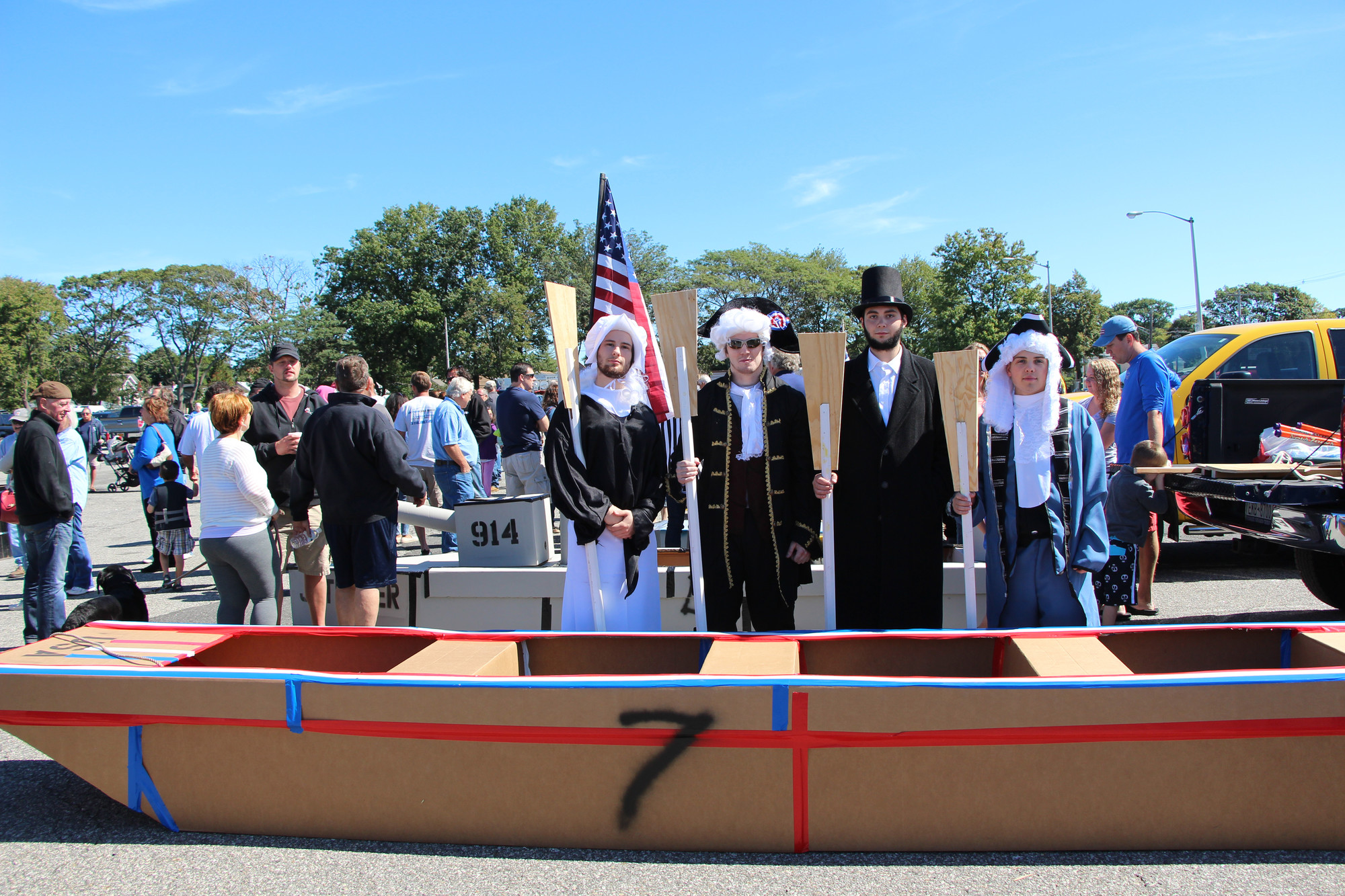 There was no shortage of creativity, especially for the guys who dressed up like historical figures for the race. From left, Dan Vako (Martha Washington), Brian O’Connor (George Washington), Connor McGowan (Abraham Lincoln) and Steve Hajny (Benjamin Franklin), set sail.