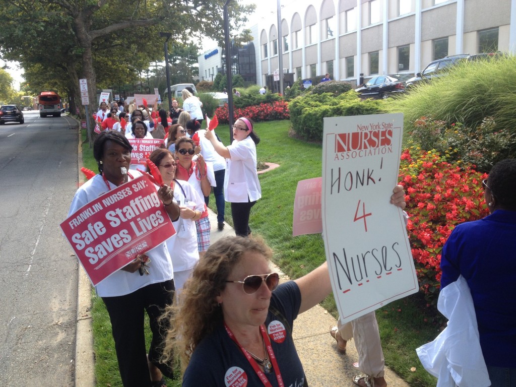 Nurses picketed in front of Franklin Hospital on Sept. 10