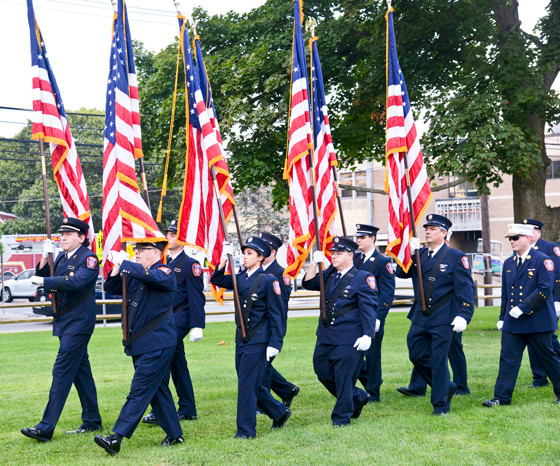 The Oceanside Fire Department presented the colors at a somber 9/11 memorial ceremony at the Schoolhouse Green.