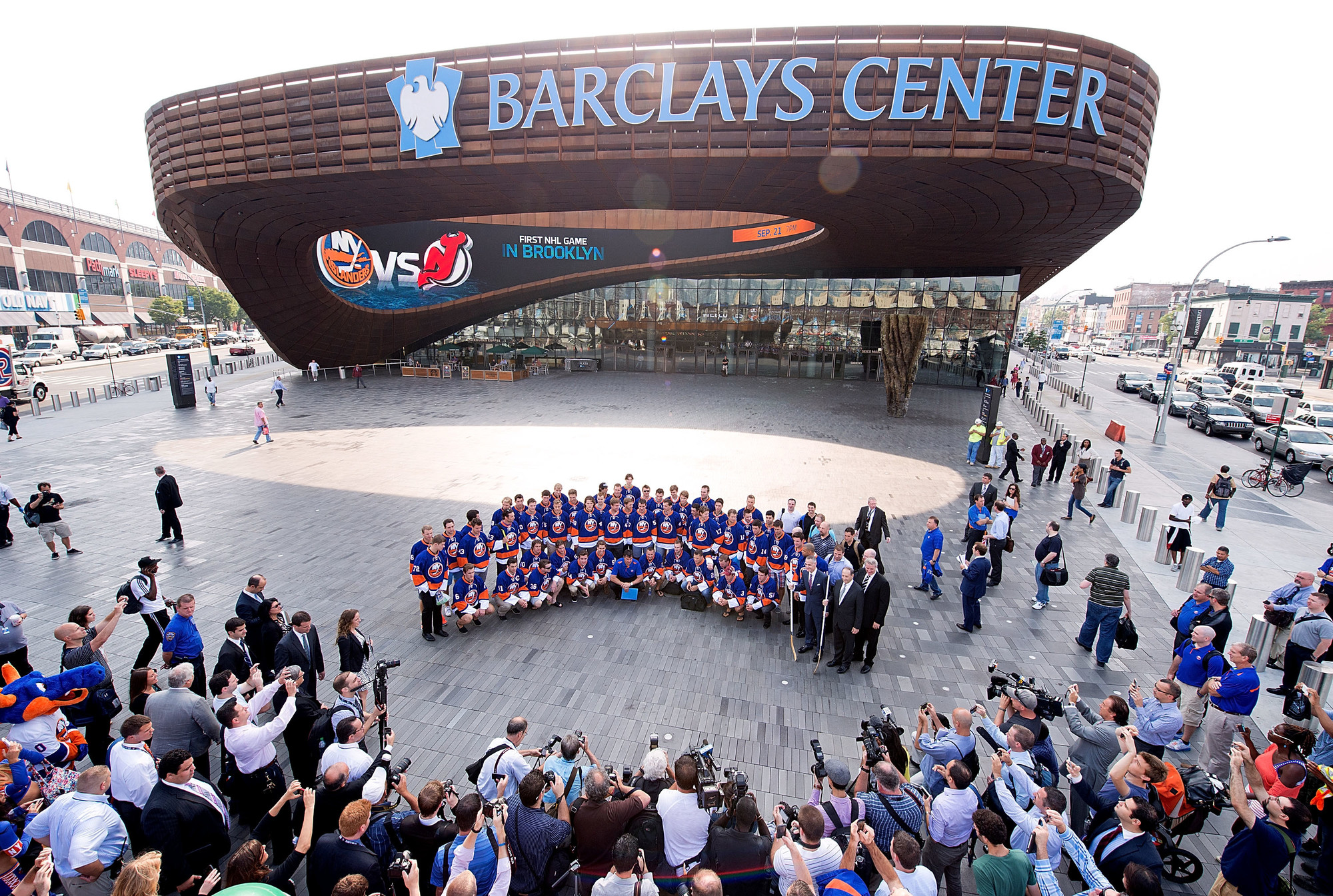 The New York Islanders gathered outside their future home, Brooklyn's Barclays Center, before their 2013 preseason game in the arena-the first NHL game to be played in Brooklyn