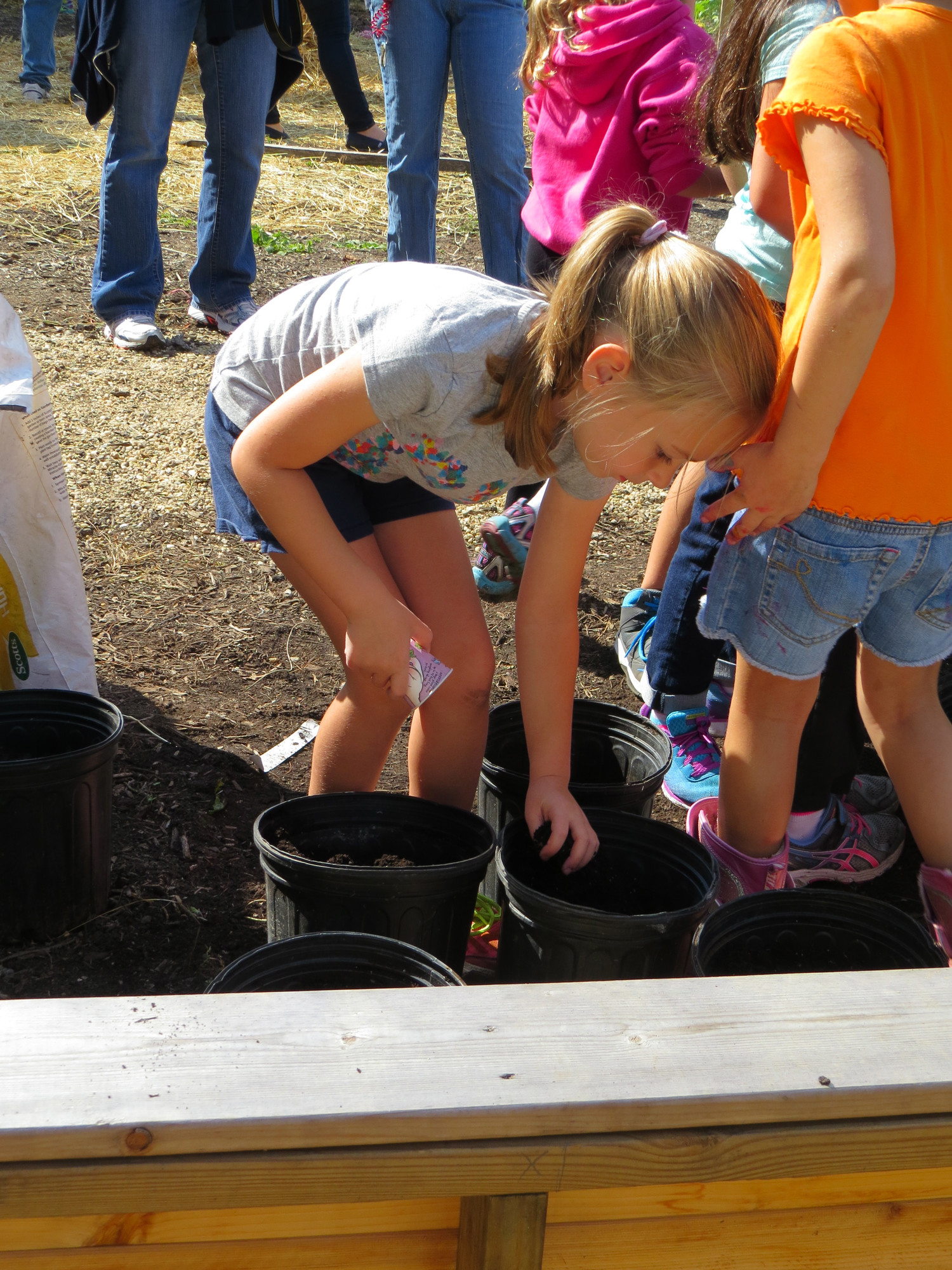 Emma Gallo (7) covers the vegetable seed she planted with fetilized soil.