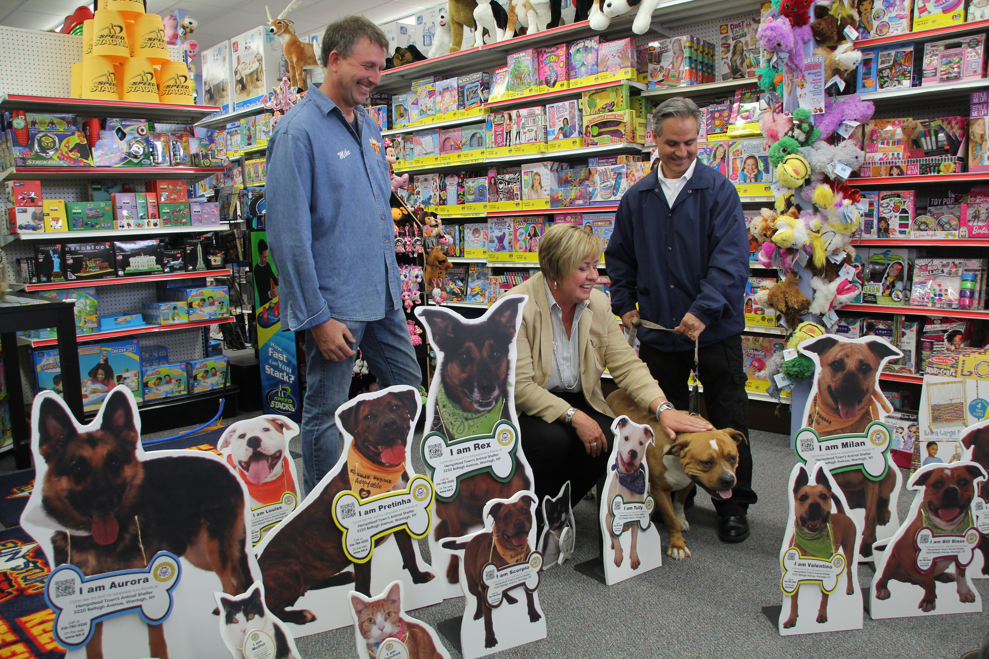 At a Press conference on Sept. 16 promoting pet adoptions, Mike Timka, owner of Fun Stuff Toys in Seaford, Town of Hempstead Supervisor Kate Murray and Animal Shelter Director Mike Pastore showed off Bill Blasso who is up for adoption.