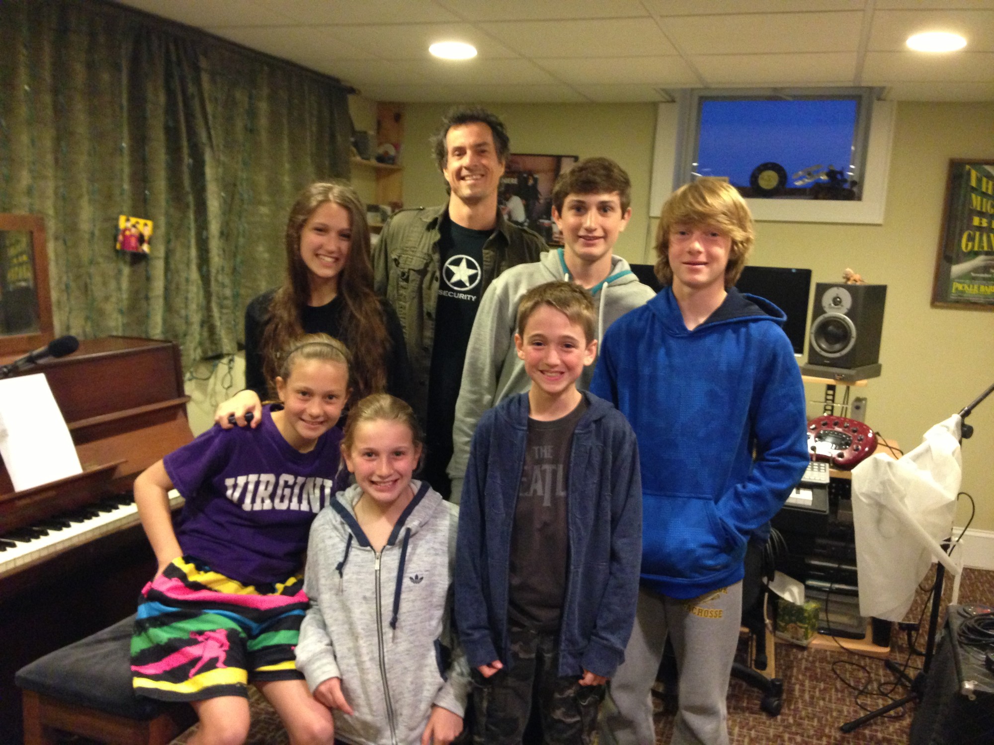 Danny Weinkauf recruited talented kids from the neighborhood for his new album “No School Today” — including his own children. Clockwise from top were Weinkauf, Jack Sullivan, Kai Weinkauf, Randin Chiappisi, Leanna Sullivan, Lena Weinkauf and Hannah Chiappisi.