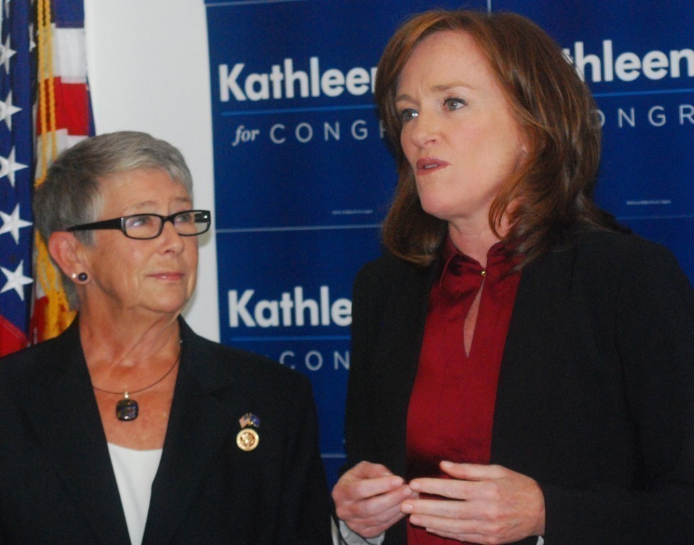 Fourth Congressional District candidate Kathleen Rice, right, was joined by U.S. Rep. Carolyn McCarthy, who is retiring this year, at a Sept. 24 news conference to call for national gun-control legislation.