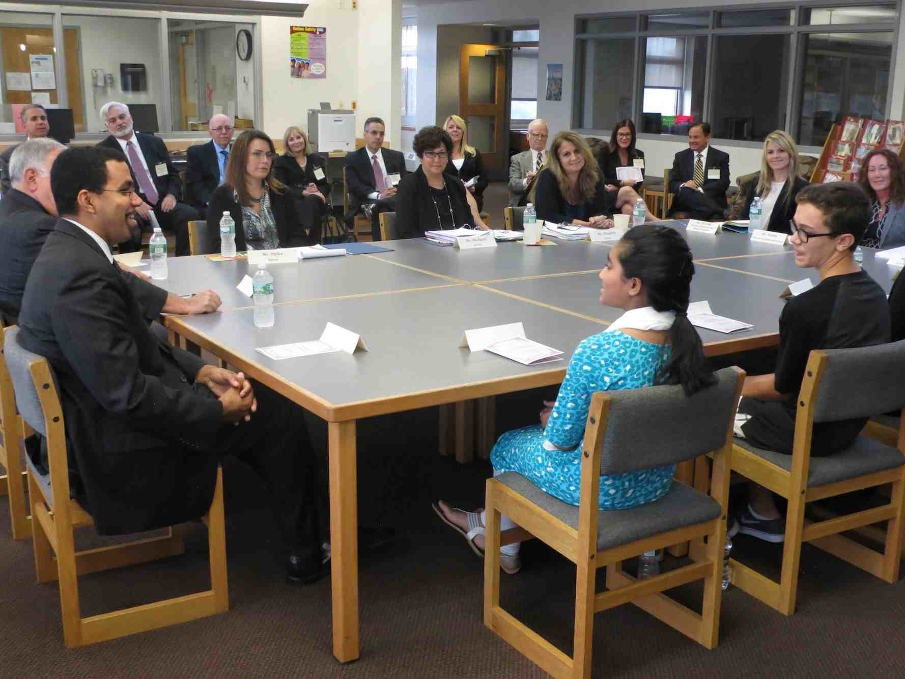 After a round-table discussion with East Meadow School District administrators, teachers, parents and students on Oct. 2 at Clarke, State Education Commissioner Dr. John King Jr. lauded the school for its interdisciplinary collaboration.