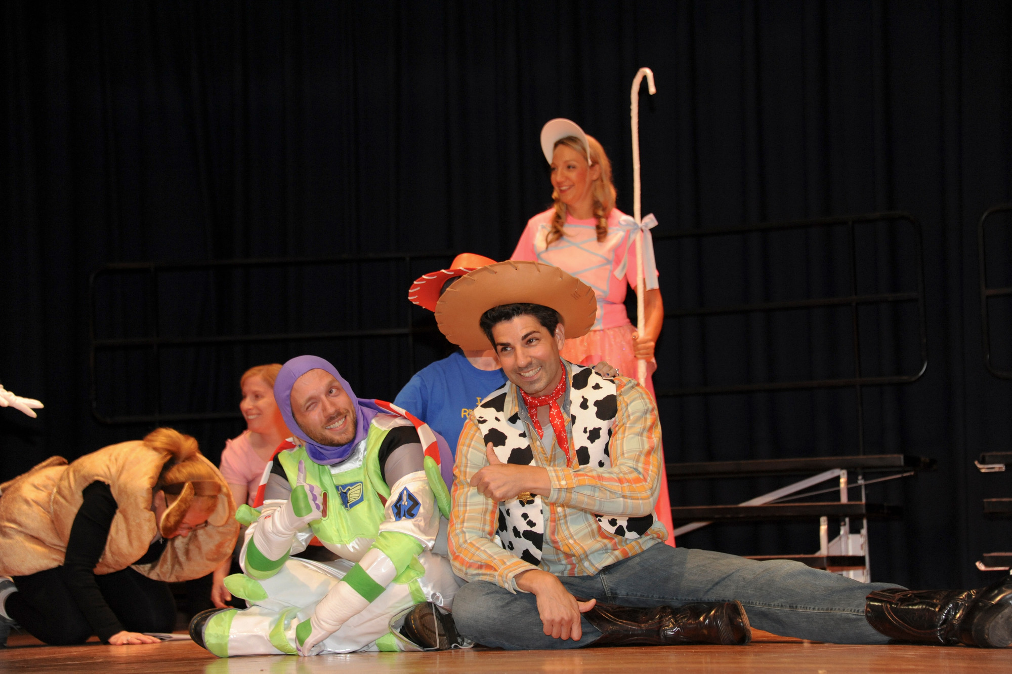 First-grade teachers Chris Merz and David Reilly played Buzz Lightyear and Woody, respectively, in the “Toy Story” sketch at the pep rally.