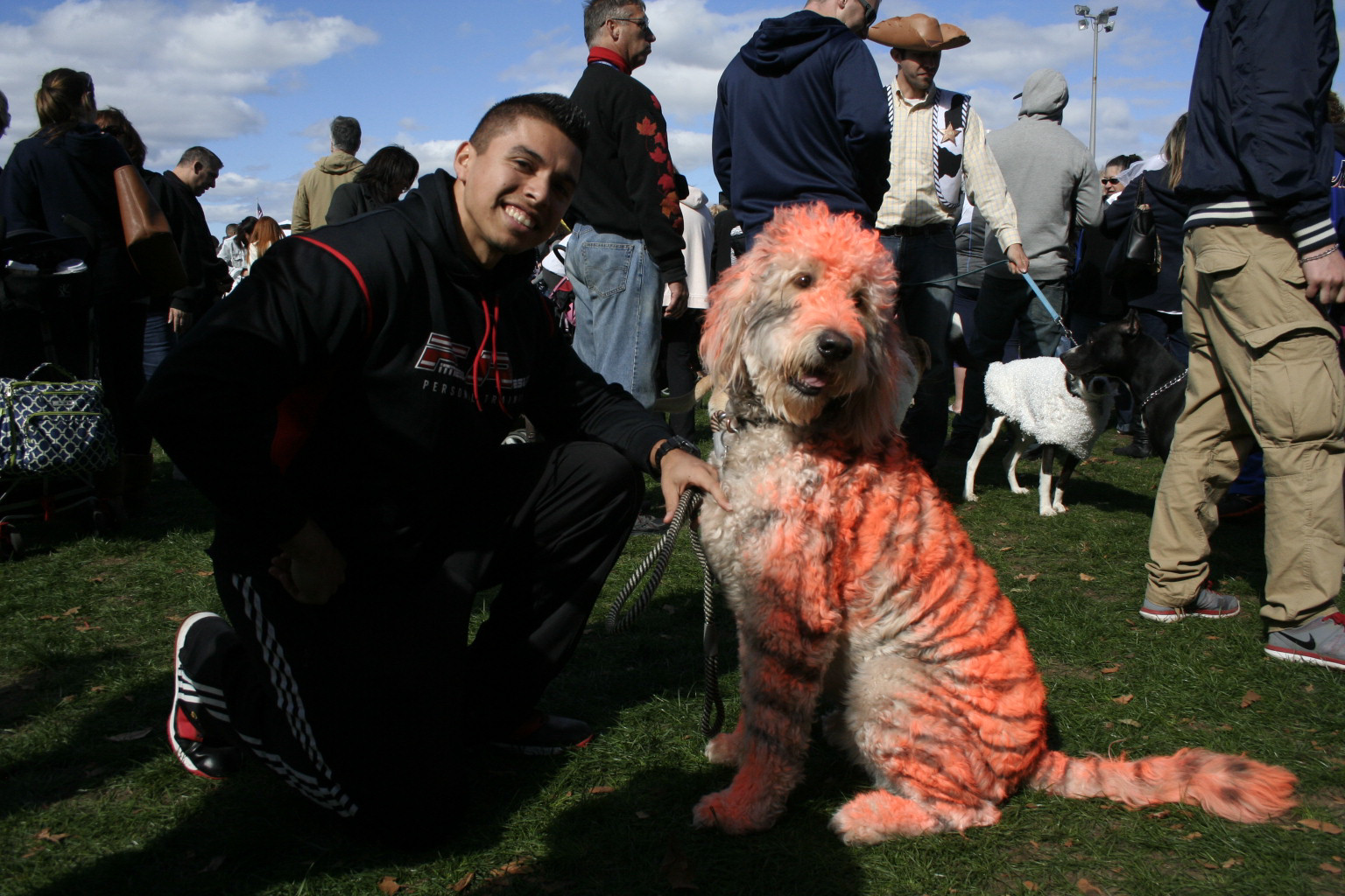 Claudio Barrios bravely sat alongside his fearsome tiger-striped friend, Midas, at the second annual Barkfest at Eisenhower Park last Sunday.